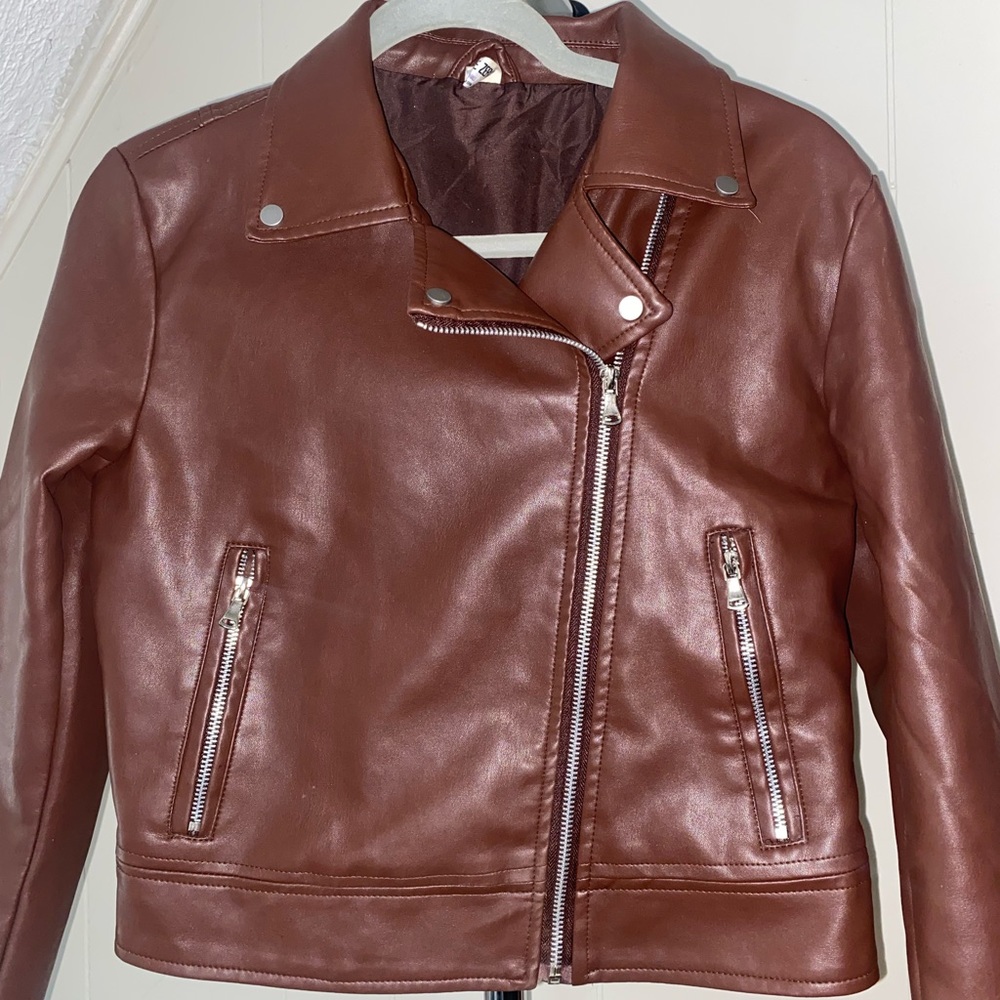 Small Brown Fashion Nova Zip Up Leather Jacket